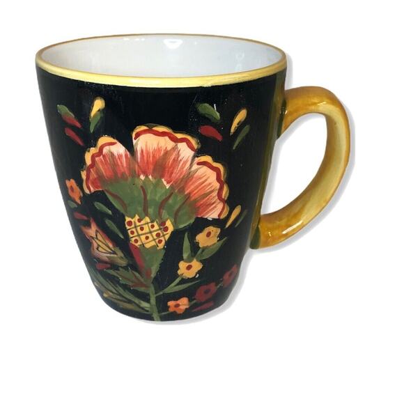 222 Fifth Arabian Flower Coffee Mug Cup 14 OZ Black Green Orange Southwest Boho - Picture 2 of 6